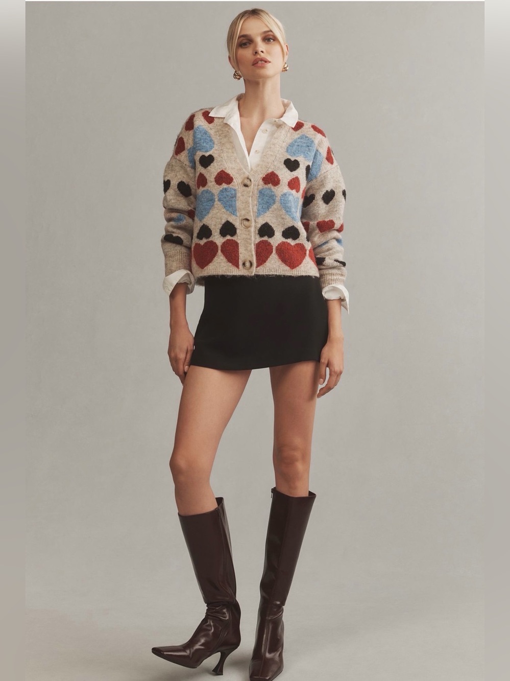 Free The Roses - Heart Pattern Button-Front Cardigan Beige Multi